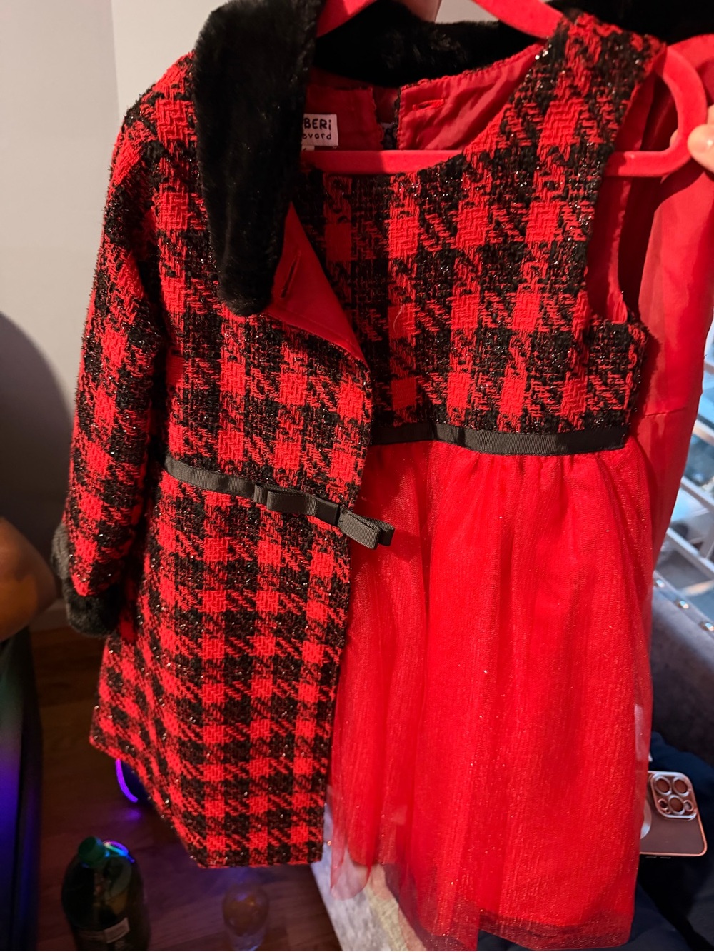 Girls Red Plaid Coat with Red Tulle Dress - Formal Holiday Set